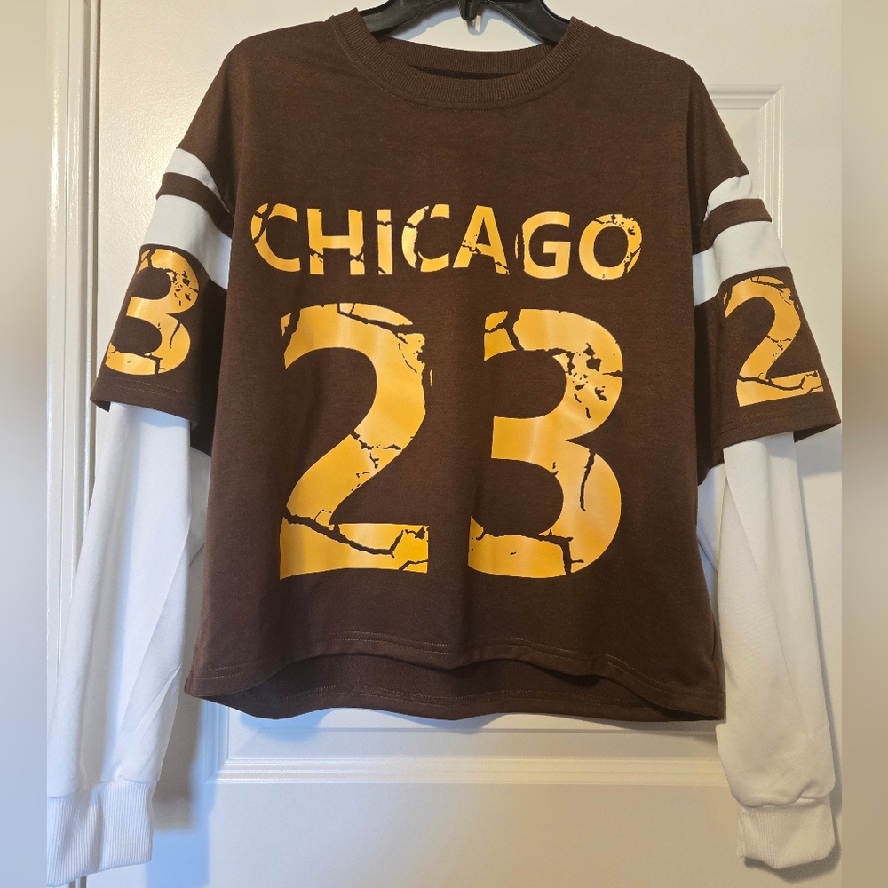 Brown, Gold and White 'Chicago 23' Long Sleeve Shirt, Size S